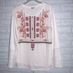 Sundance lace sleeve embroidered blouse sz L